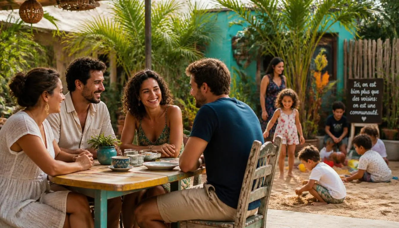 Groupe d'amis et familles francophones partageant un moment à Playa del Carmen