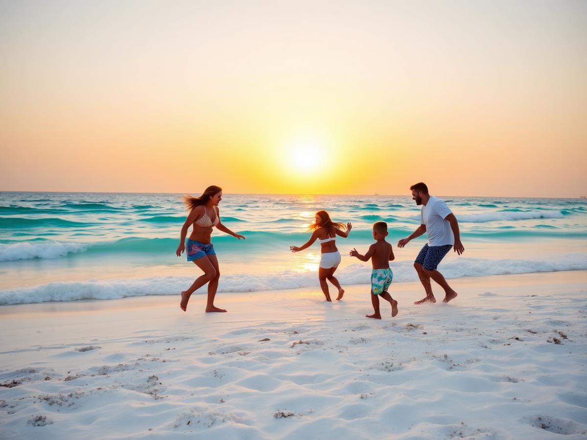 Une famille joue sur la plage au coucher du soleil à Playa del Carmen